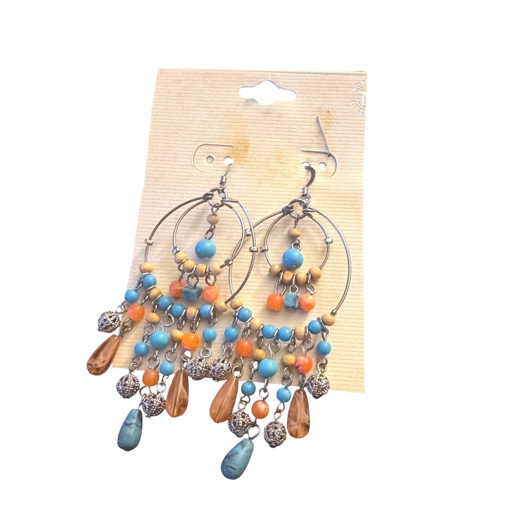 NWT Boho Turquoise Orange Beaded Tiered Chandelier Hoop Statement Earrings